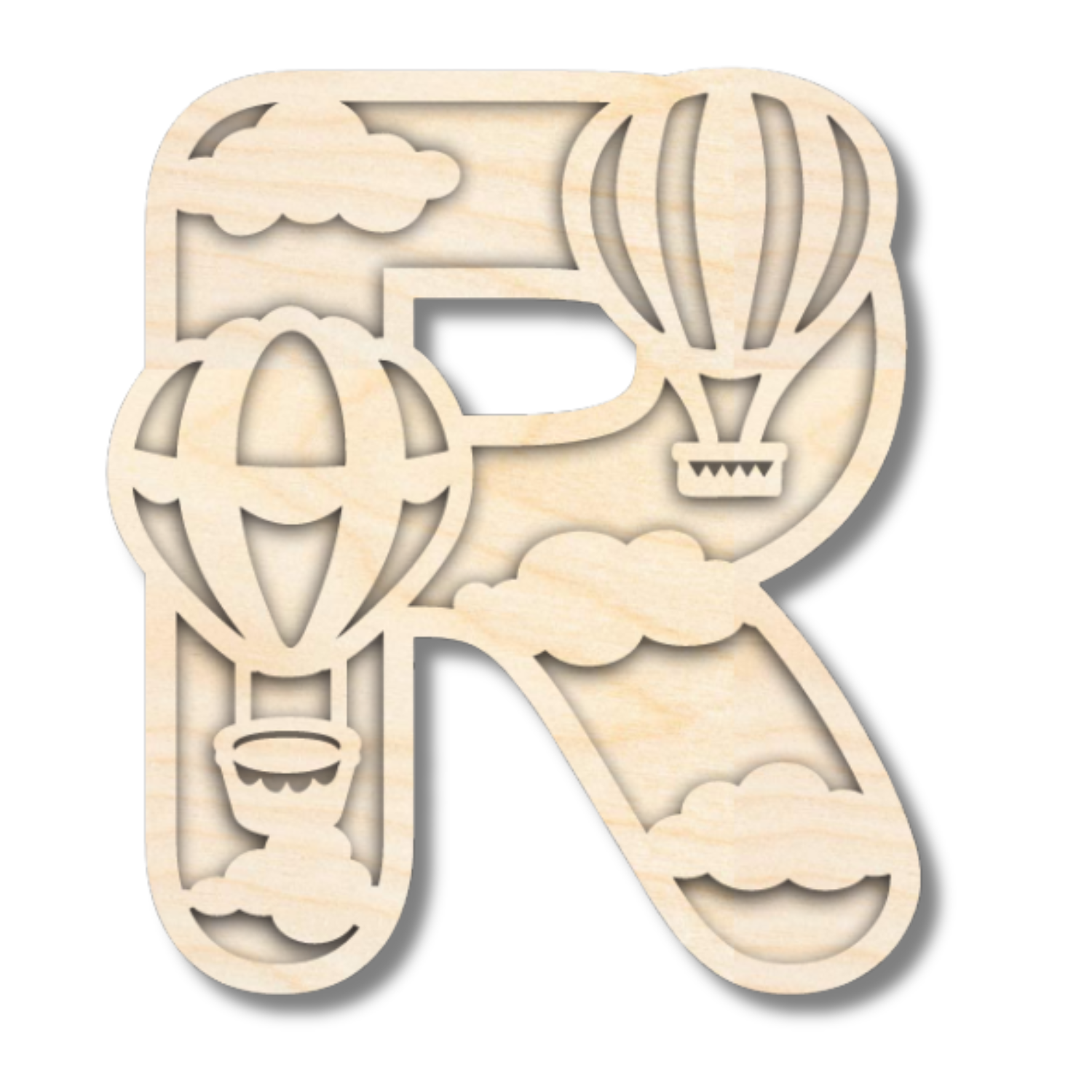 Unfinished Wood Layered Themed Letters | Clouds & Hot Air Balloons | A-Z | 2 Piece | up to 24"