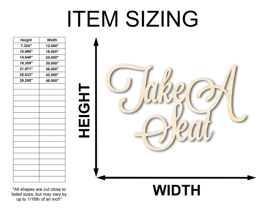 Unfinished Wood Take A Seat Shape - Word Wedding Craft - up to 46"