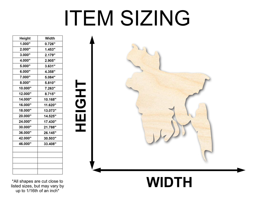 Unfinished Wood Bangladesh Country Shape - South Asia Craft - up to 46" DIY