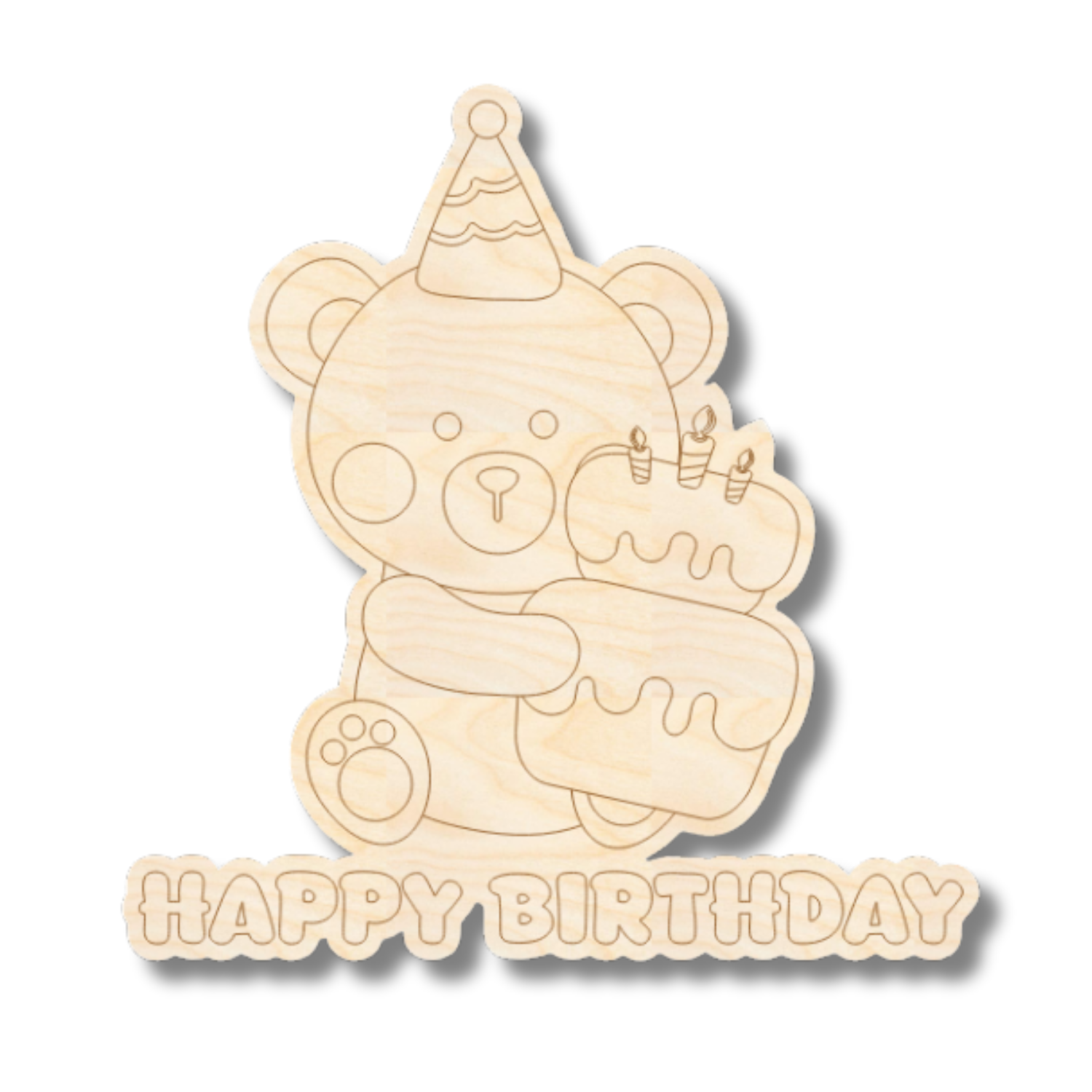 Unfinished Wood Etched Birthday Bear with Cake Shape | Paint By Line Crafts | up to 30" DIY