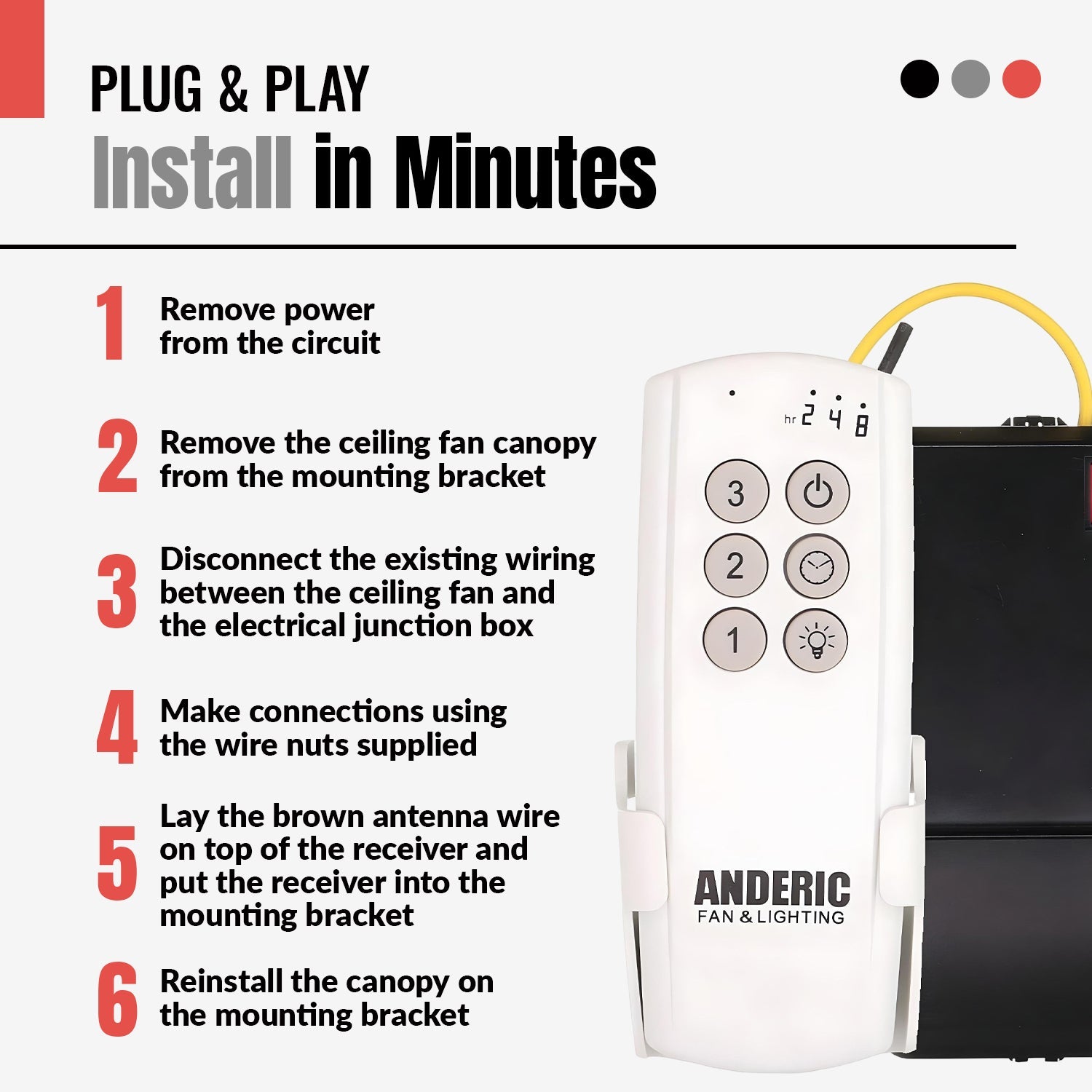 Substitute for Fanimation 3-Speed Remote Control with Receiver Non-Reversing Kit | KUJCE10611 CR500 [63T-AC83T-KIT]