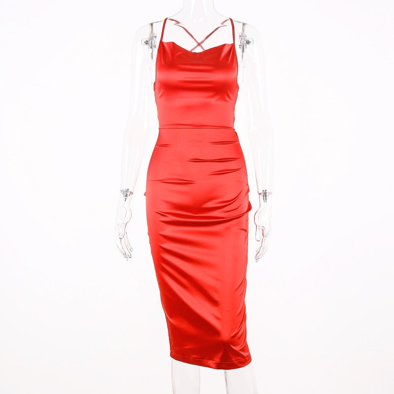 neon satin lace up 2022 summer women bodycon long midi dress sleeveless backless elegant party