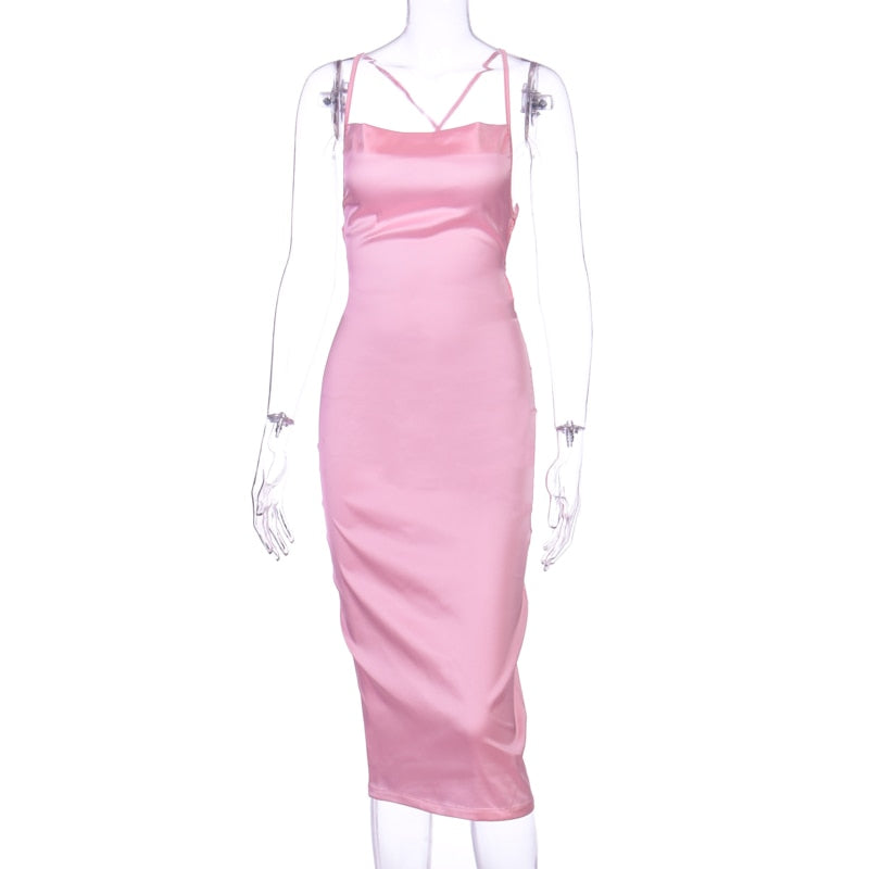 neon satin lace up 2022 summer women bodycon long midi dress sleeveless backless elegant party