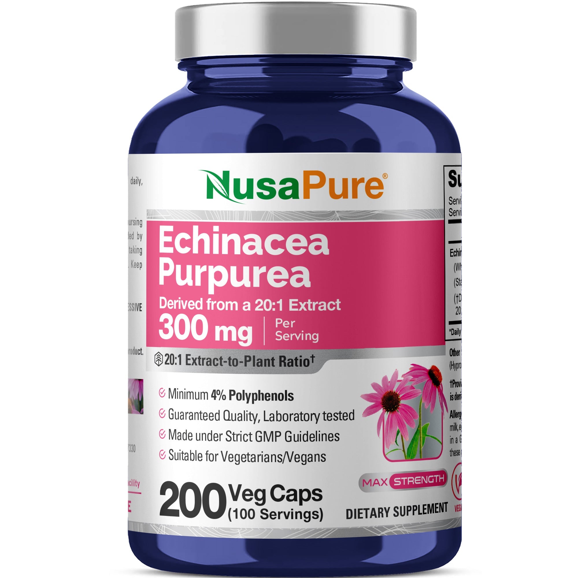 NusaPure Echinacea 20:1 Extract, 300 mg 200 Veggie Caps, Vegan, Non-GMO, Gluten Free Supplement