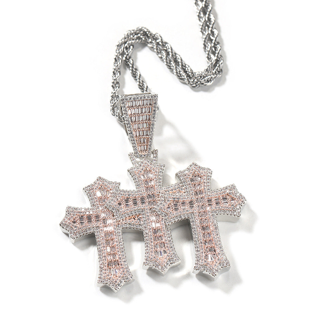 Hip-hop square zircon cross diamond-studded pendant