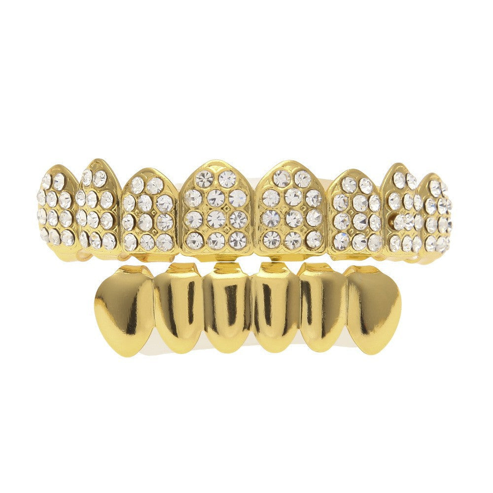 Hip-hop diamond-encrusted and gold-plated teeth grillz