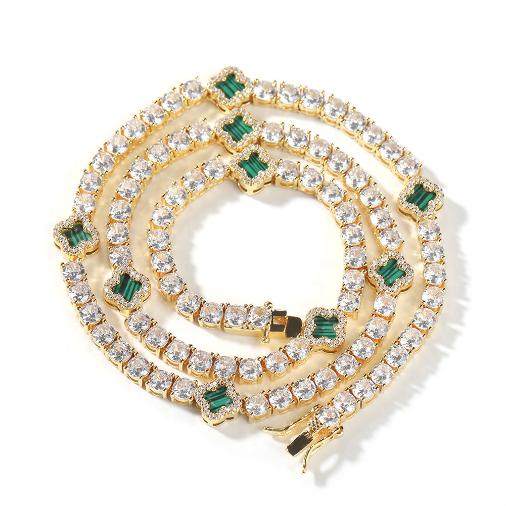 Hip-hop four-leaf clover diamond tennis chain necklace bracelet