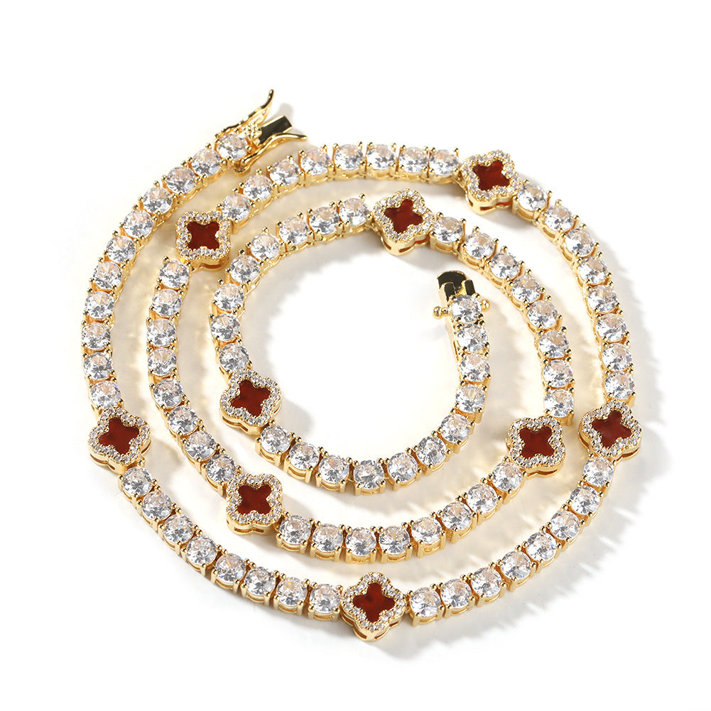 Hip-hop four-leaf clover diamond tennis chain necklace bracelet