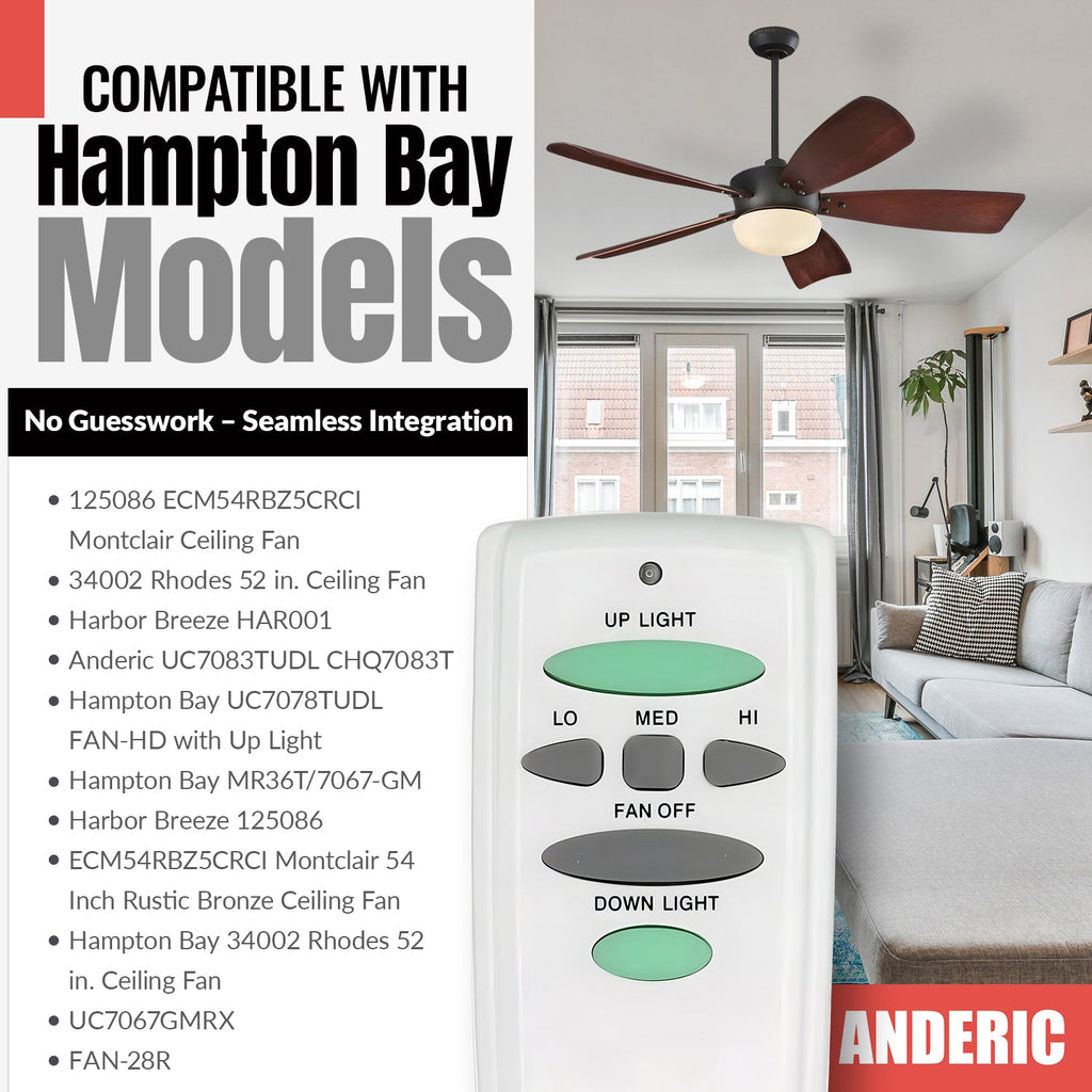 Anderic RR7078TUDL / HD6-UD (UC7078T) Ceiling Fan Remote Control for Hampton Bay | CHQ7078T | Up Light | Down Light