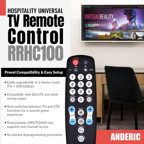 Anderic RRHC100 2-Device Universal Remote Control for Hospitality TV Cable Satellite STB with EzWipe Surface and Learning