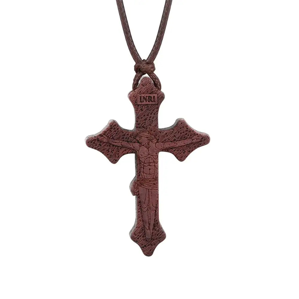 INRI red and black wood cross necklace rope chain religious