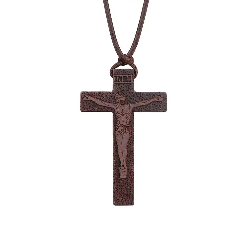 INRI red and black wood cross necklace rope chain religious