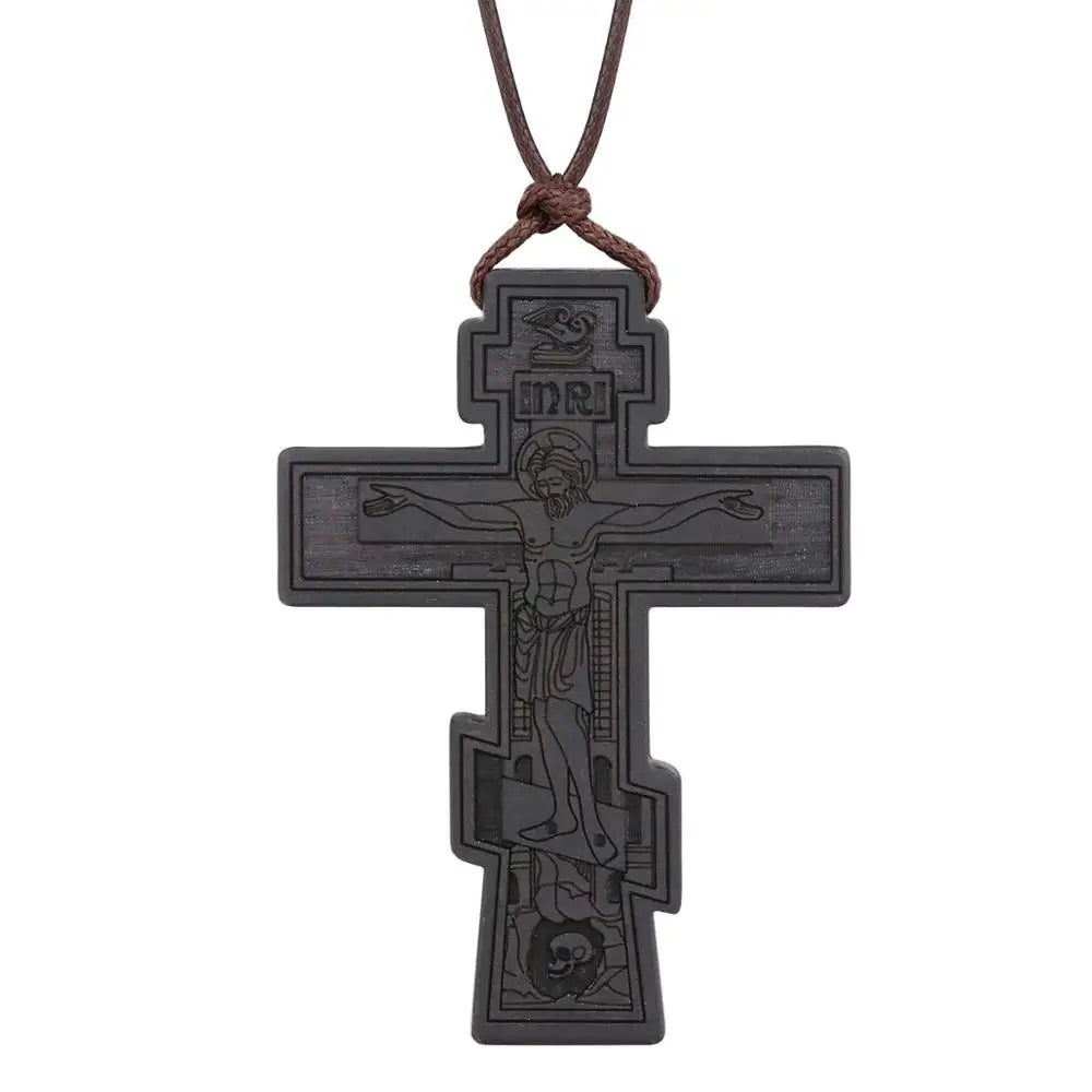 INRI red and black wood cross necklace rope chain religious