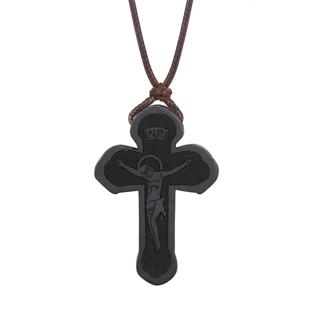 INRI red and black wood cross necklace rope chain religious