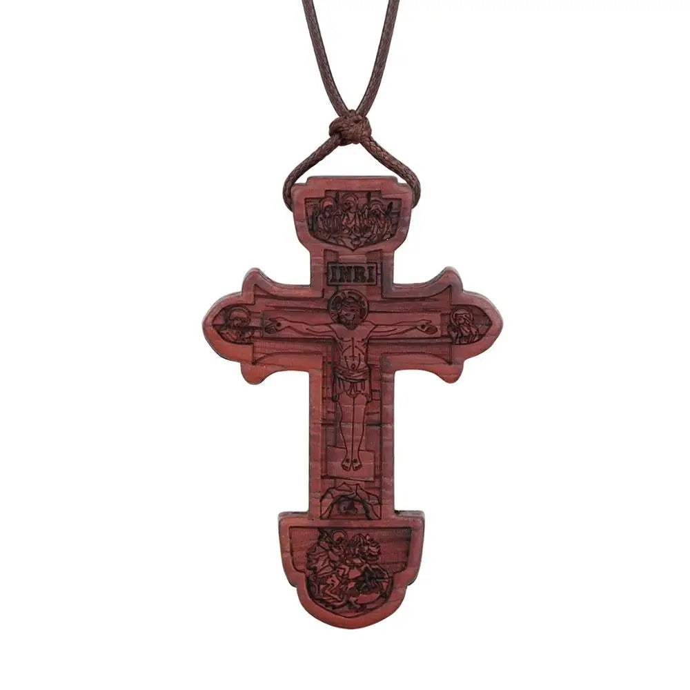 INRI red and black wood cross necklace rope chain religious