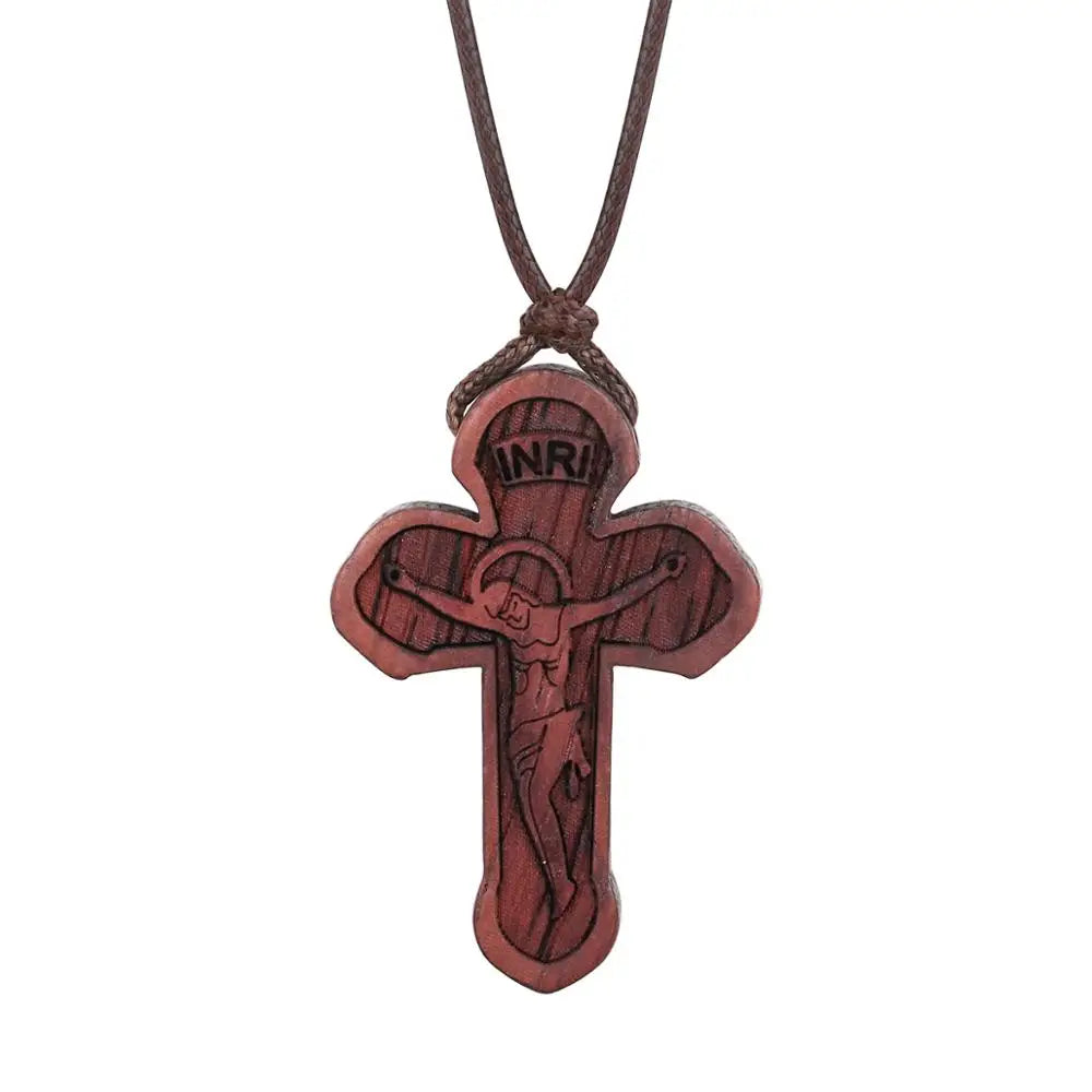 INRI red and black wood cross necklace rope chain religious