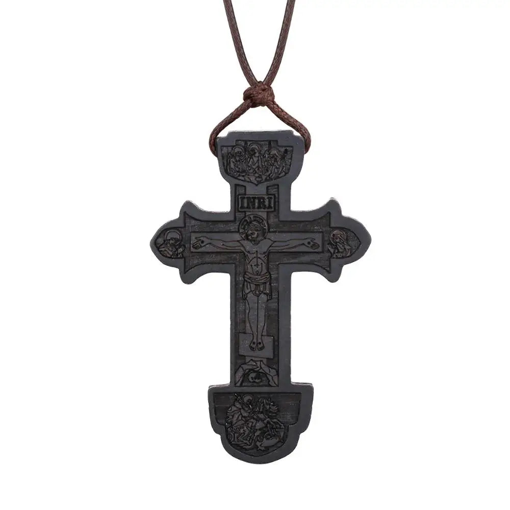 INRI red and black wood cross necklace rope chain religious