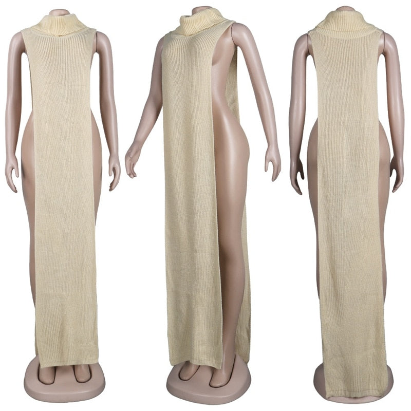 Knitted Side Split Sweater Dress Sleeveless Spring Clothes for Women Y2k Outfits Long Maxi Dresses
