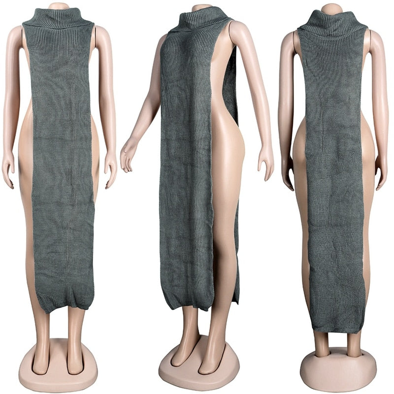 Knitted Side Split Sweater Dress Sleeveless Spring Clothes for Women Y2k Outfits Long Maxi Dresses