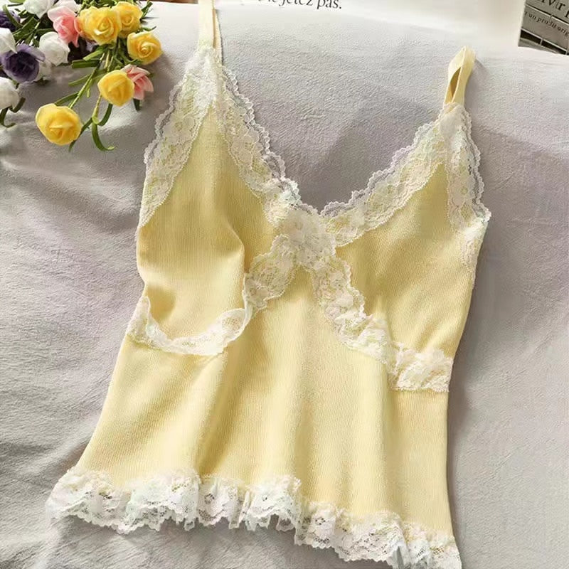 Lace Cami Y2k Tank Top Female V Neck Sleeveless Sexy Blouse Cropped Camisole Knitwear