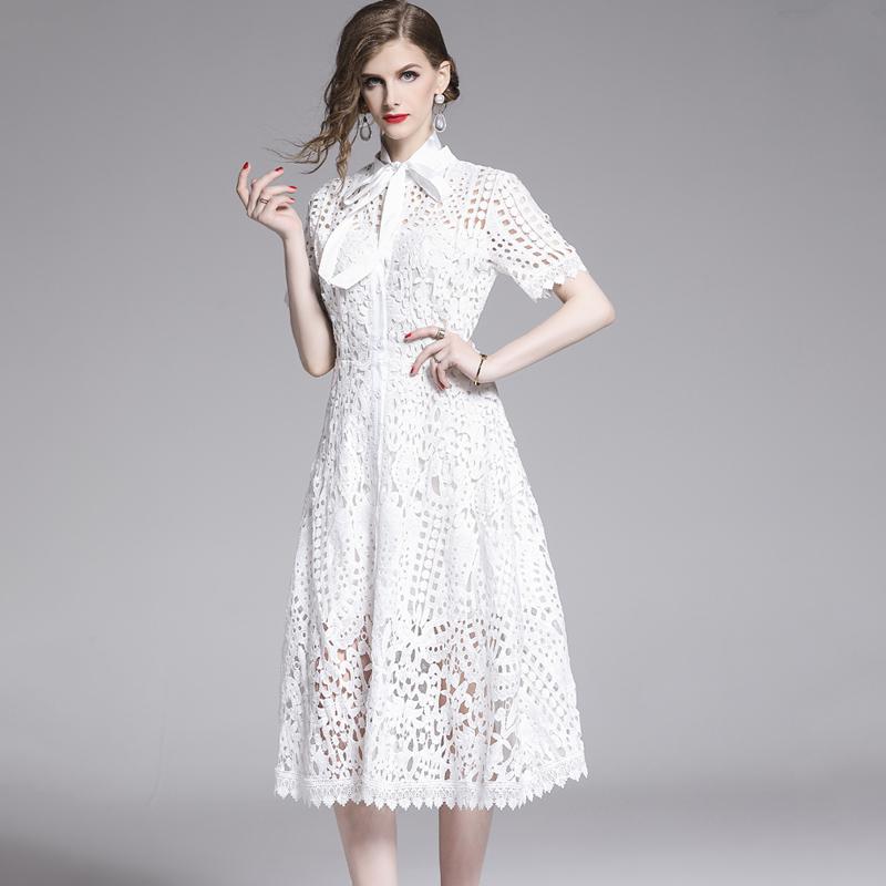 Lace Hollow Out Stand Collar Short Sleeve Dress High Waist Mid-calf Dress