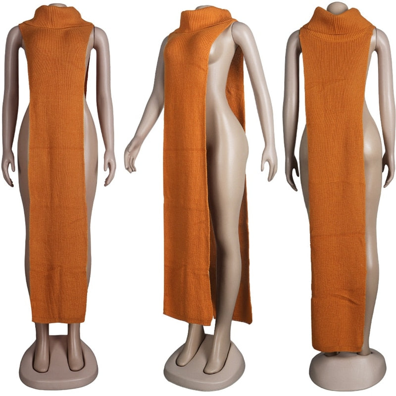 Knitted Side Split Sweater Dress Sleeveless Spring Clothes for Women Y2k Outfits Long Maxi Dresses
