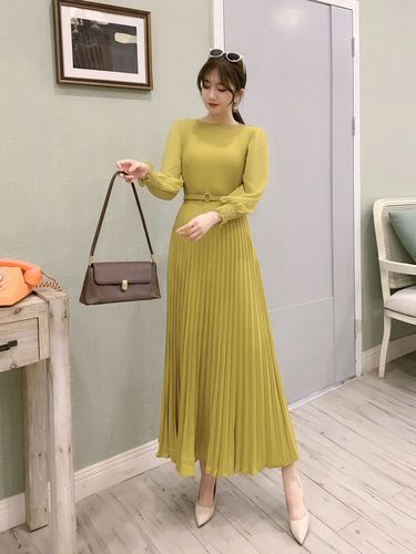 O-neck Long Sleeve A-line Dress Office Lady  Pleated Maxi Dress