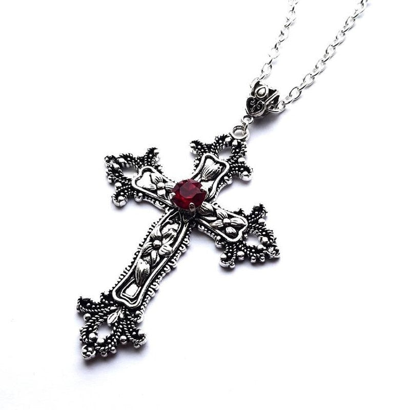 Large Detailed Cross Drill Pendant Necklace Silver Color Tone Gothic Punk Jewellery