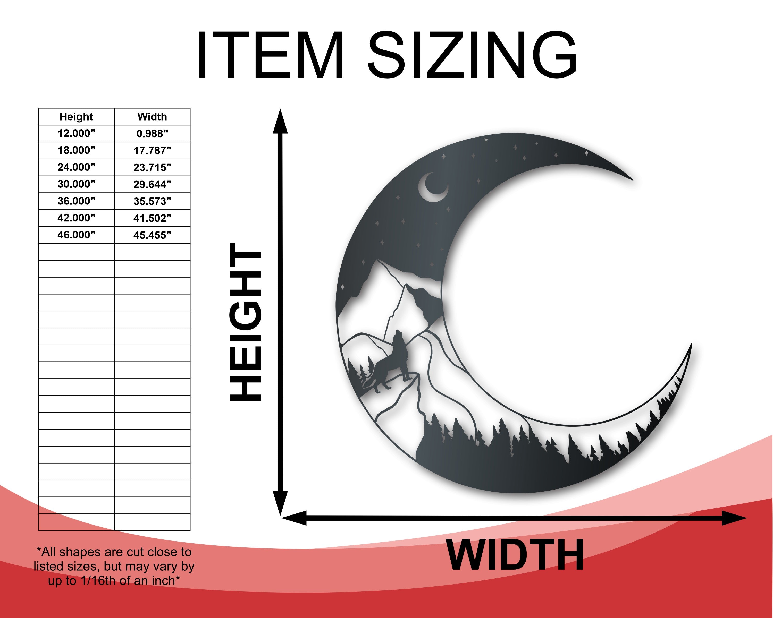 Metal Crescent Wolf Moon Wall Art | Metal Mountain Decor | Indoor Outdoor | Up to 46" | Over 20 Color Options