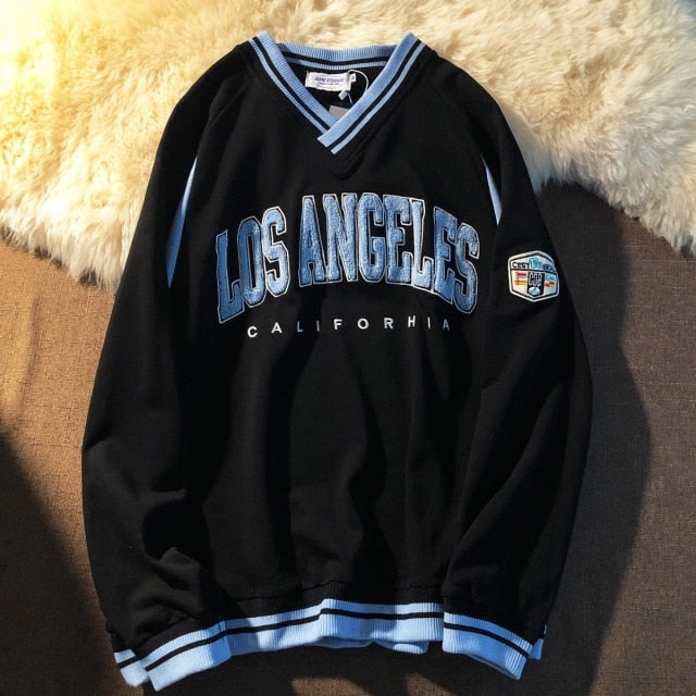 LOS ANGELES CALIFORHIA Embroidered Sweatshirts Oversized V Neck Pullovers